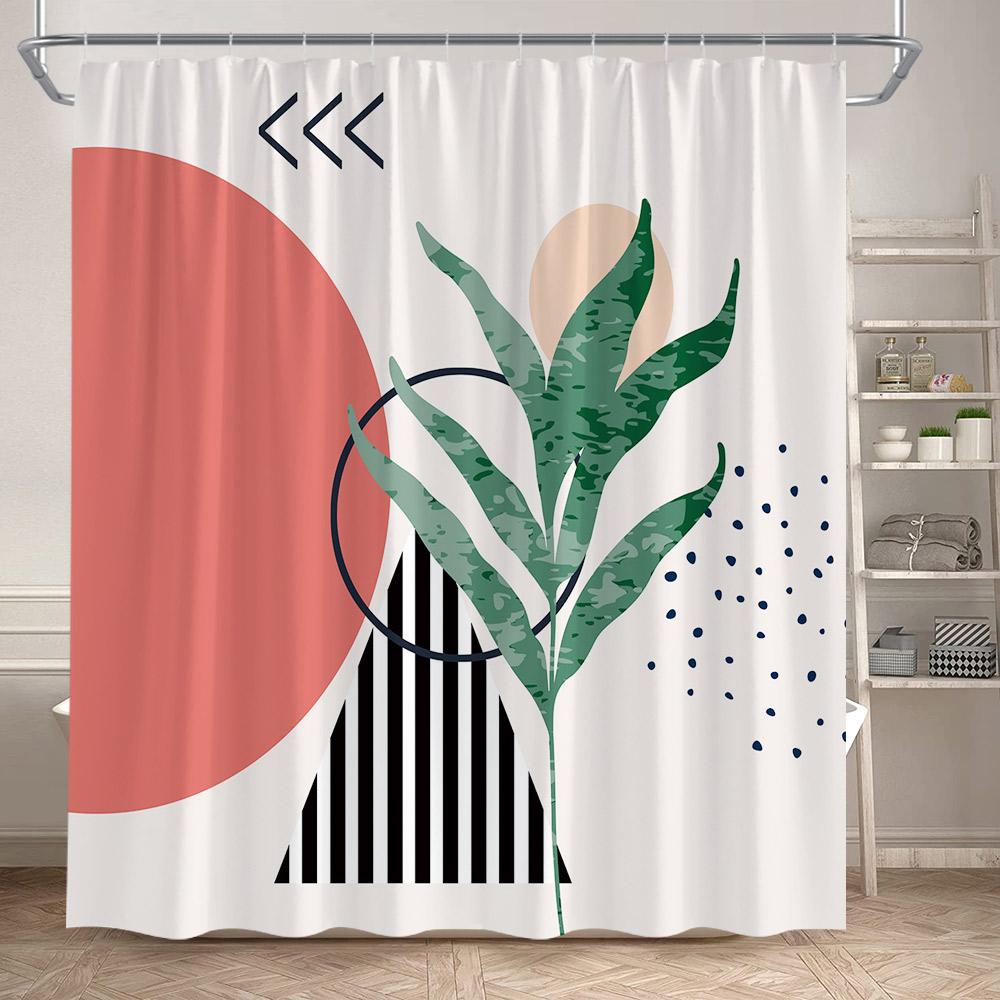 Abstract Mid Century Shower Curtains Green Leaf Modern Geometric Black Lines Aesthetic Art Bathroom Curtain Decor Set With Hooks
