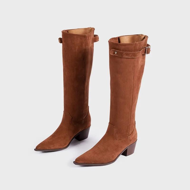 Fashion Personalized Design Back Zipper Pointed Low Heel Lazy Pleated Boots European American Retro Western Cowboy Thick Heeled Boots