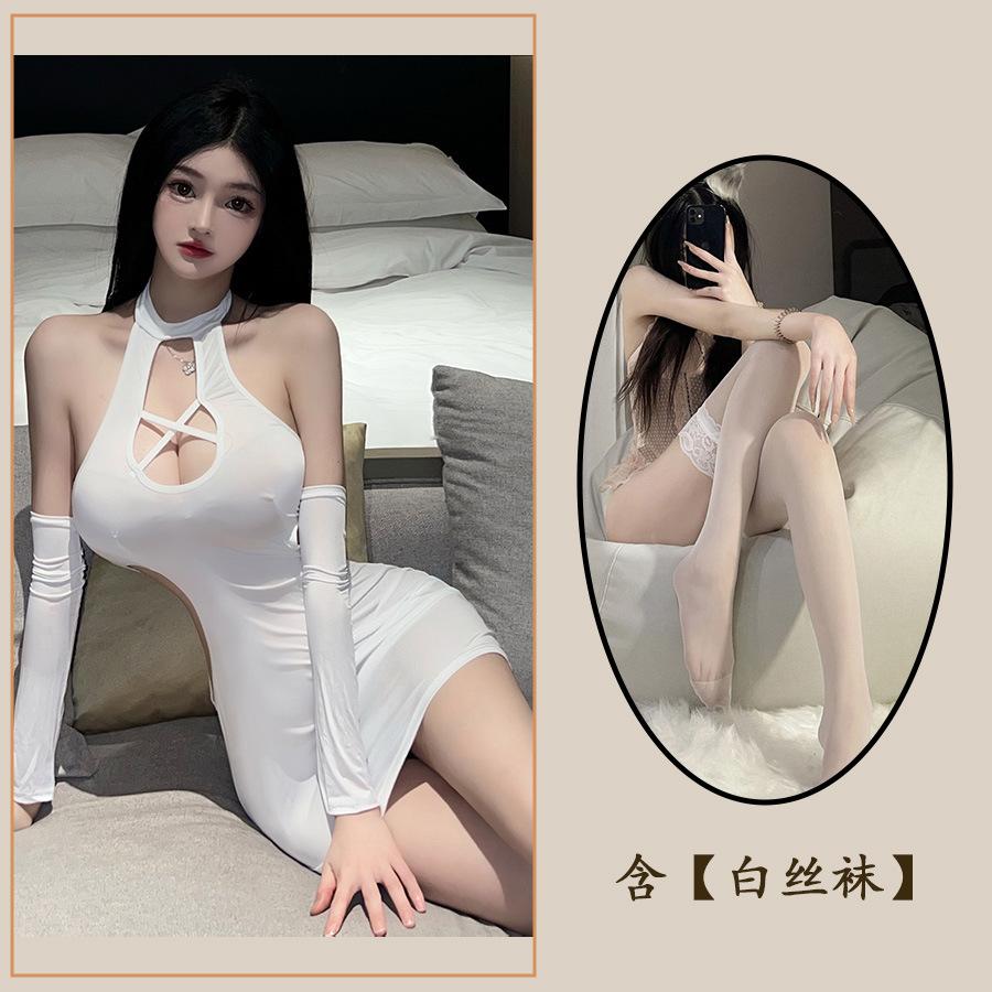 Sex Underwear Sexy Women's One-piece Cross-hanging Neck Perspective Cheongsam Nightclub Uniform Pajamas Set Hip Skirt