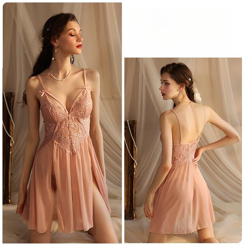 Sexy Mesh Deep V Lace Pajama Set Side Slit Cami Nightgown Two-Piece Loungewear 311 Complete Flirty Sleepwear Set with Alluring Side Slit Design