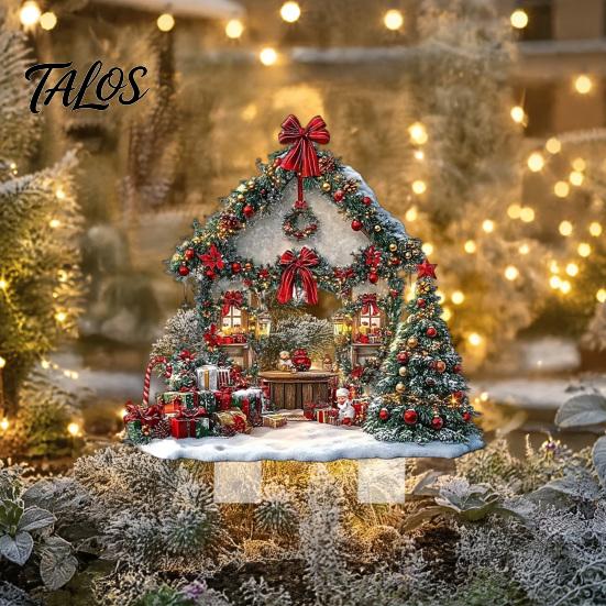 Decorative Garden Stakes for Christmas Cottage Stake, Acrylic Snowy House Yard 2D European Style Inserts Flat Winter Holiday Ornament Lawn Pathway