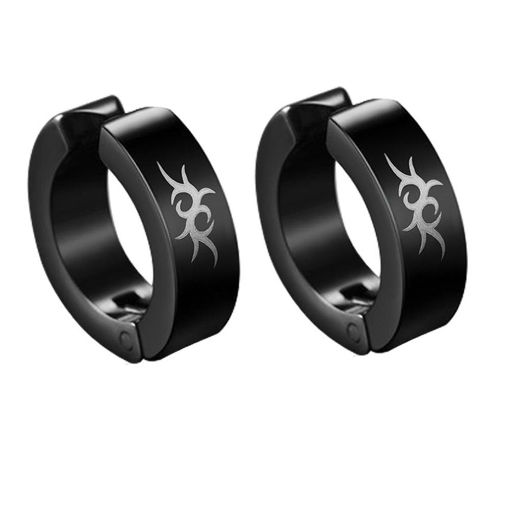 2pieces Punk Titanium Steel Ear Clip Earrings For Men Women Print Pattern Black No Pierced Fake Ear Circle New Pop Jewelry