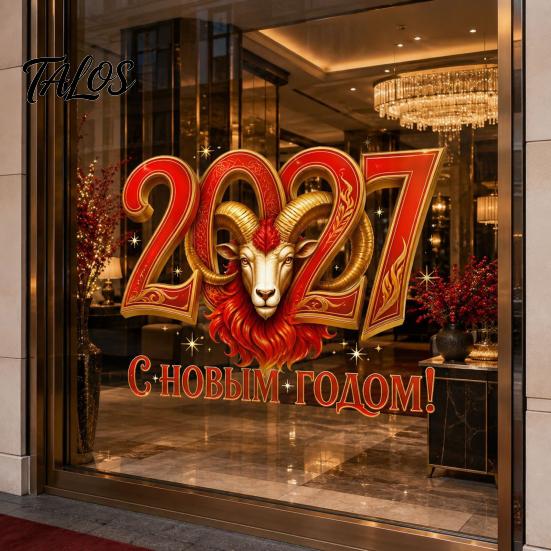 Static Adsorption Glass Clings 2027 New Year Window Clings, Double-Sided Red Gold Sheep Head Decals Decorative Film for Glass, PVC Stickers