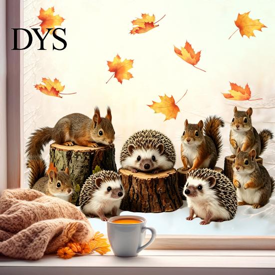 Squirrel Hedgehog Decals 2PCS Static Window Sticker, And Printed, Autumn Forest Clings Theme Waterproof PVC Decal, for Glass Doors Windows Fall