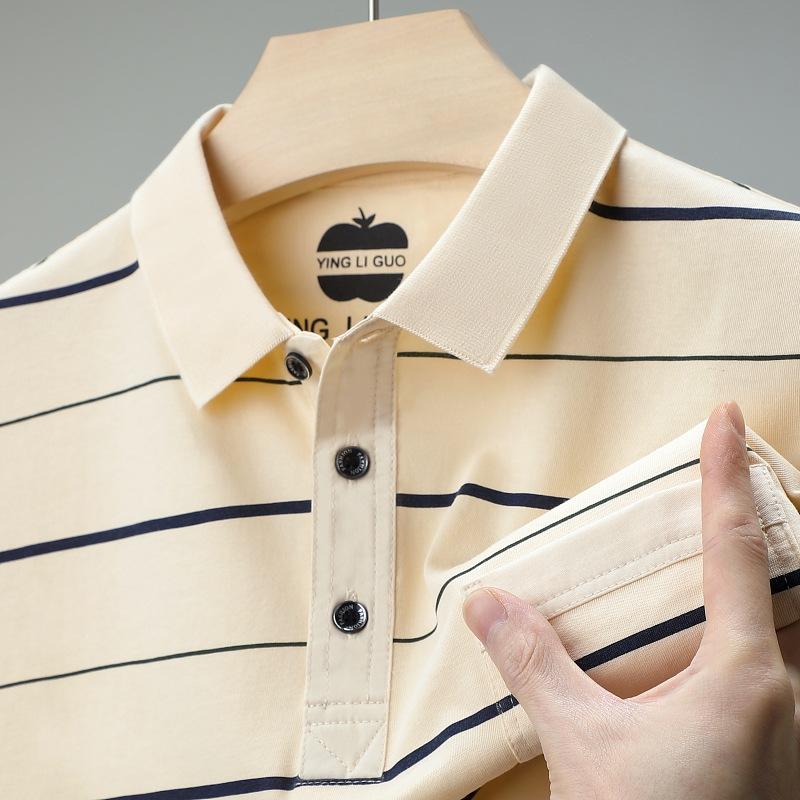 Cotton Short-Sleeved T-Shirt Men'S Medium And Green Loose Casual Half-Sleeved Striped Bottoming Shirt Polo Shirt
