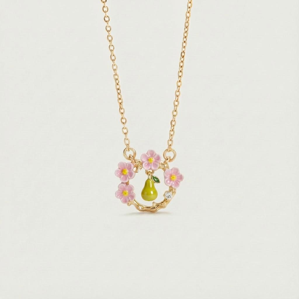 Retro Color Small Daisy Flower Fruit Series Strawberry Cat Paw Pendant Necklace Color Dripping Oil