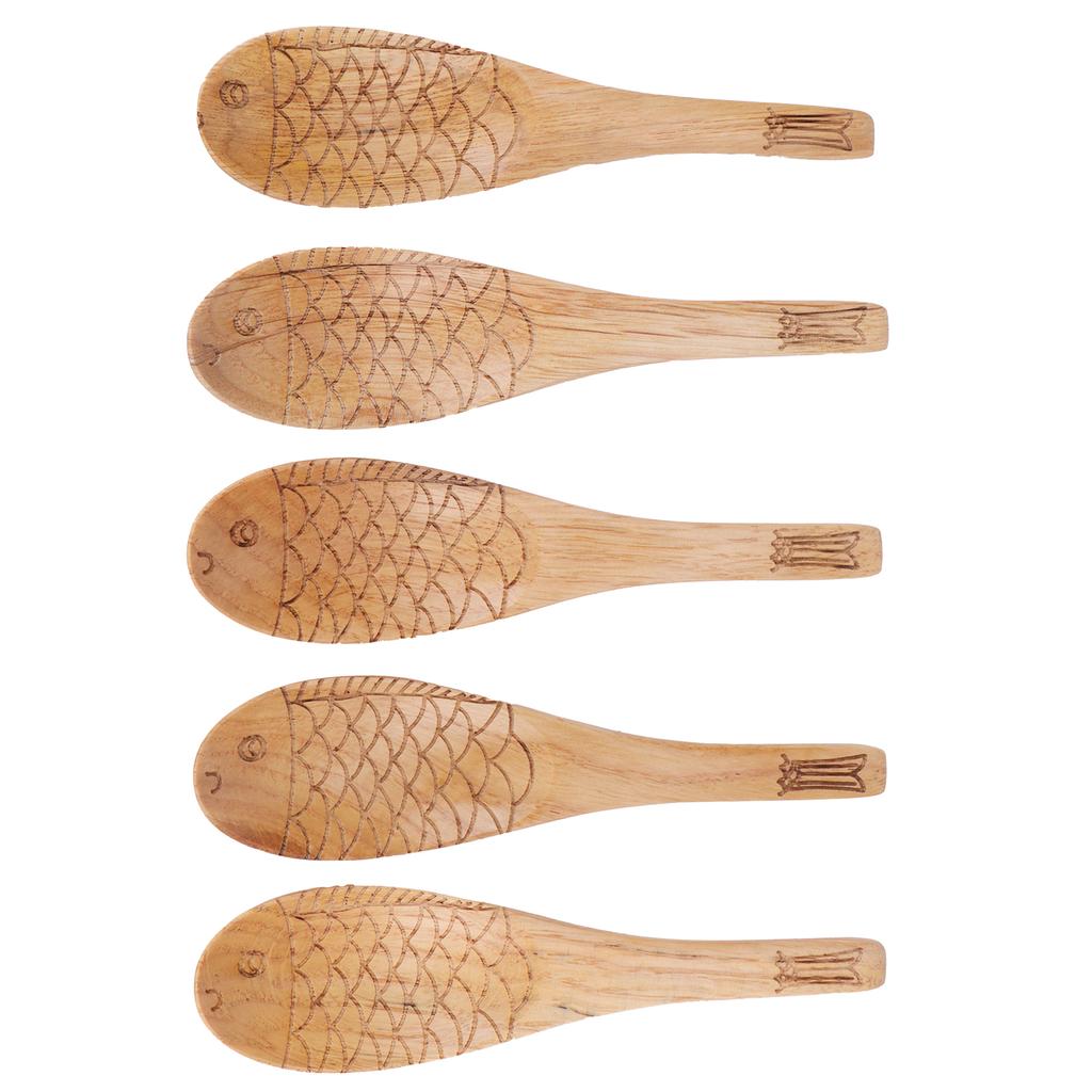 5Pcs Wood Rice Spoon Innovative FishShaped Carving Soup Ladle Tableware Kitchen Utensil