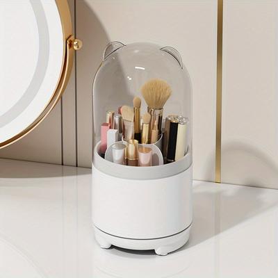 Bear Designed Makeup Brush Holder with Dustproof Cover - Rotating Organizer for Vanity, Bathroom, and Countertop