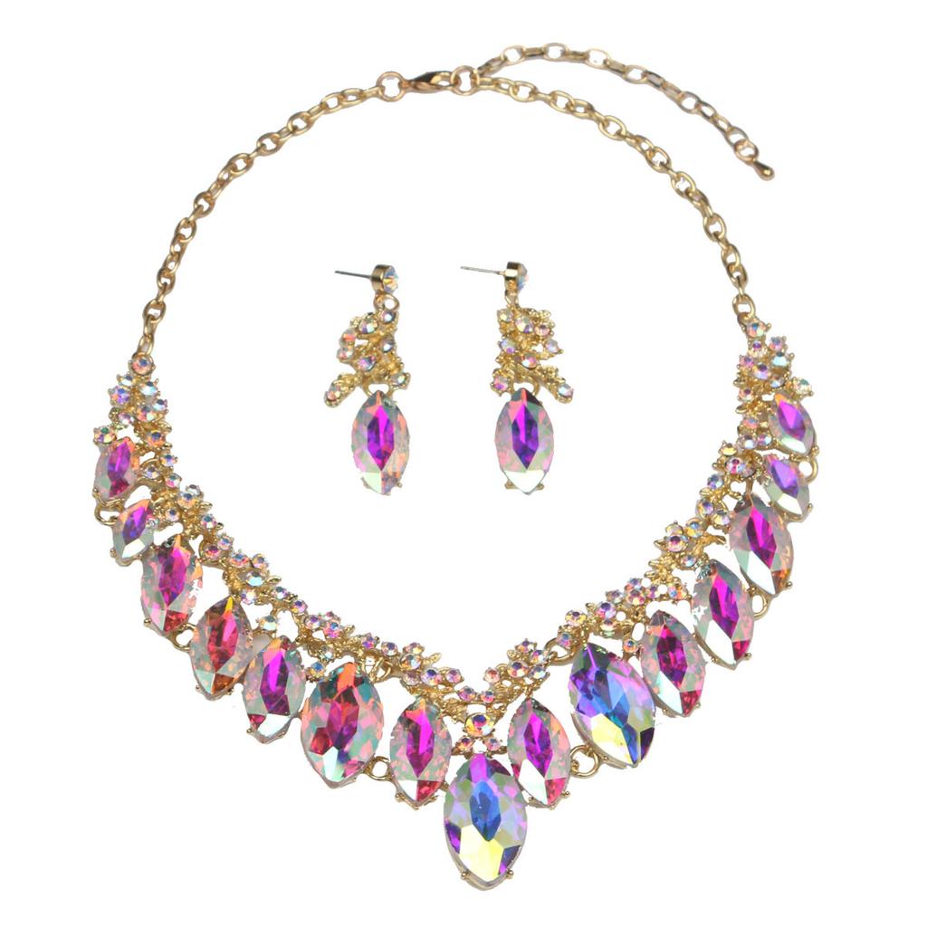 2026 European and American Exaggerated Big Gem Necklace Earrings Set Bridal Banquet Dress Accessories