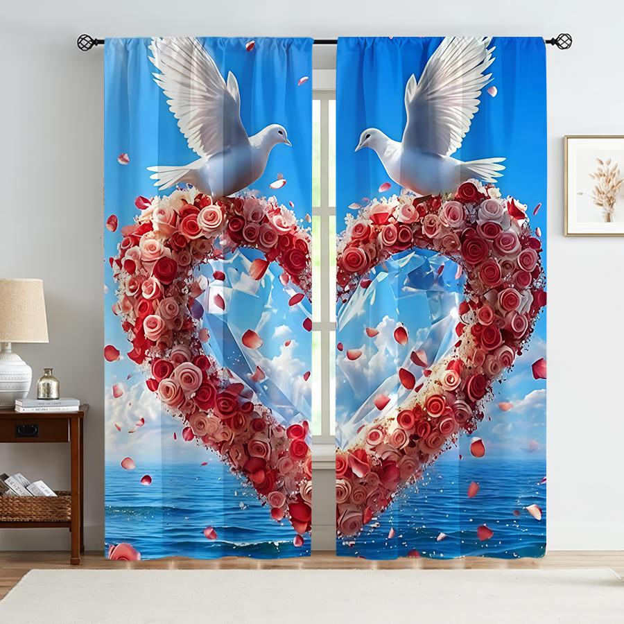 2PCS blue background   red rose   white dove curtains   romantic and festive   bedroom and living room   drawbar pocket style