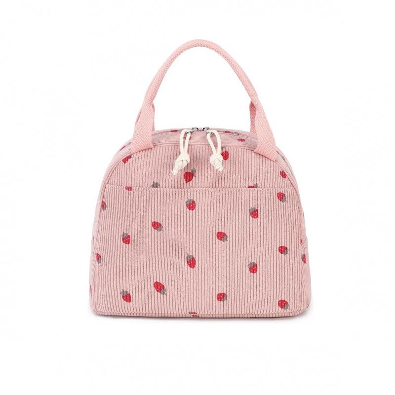

Large Capacity Corduroy Strawberry Lunch Bag with Ice Pack - Ideal for Travel, Picnics, and Work земляничный/розовый
