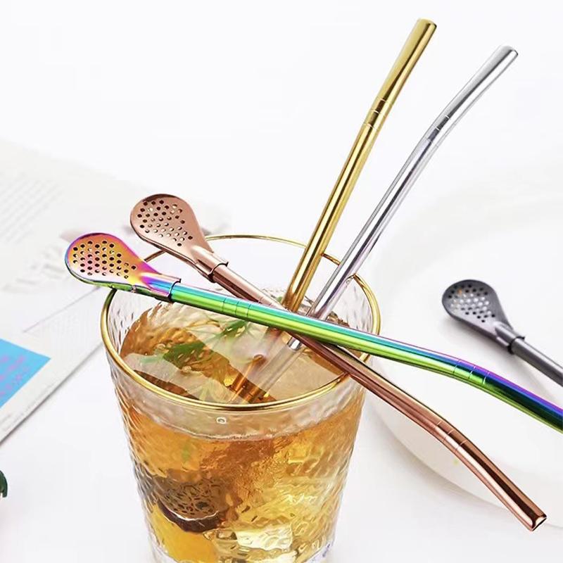 Colorful 304 Stainless Steel Tea Drinking Straws Spoon Yerba Mate Tea Filter Reusable Metal Kitchen Bar Milk Tea Stirring Spoon