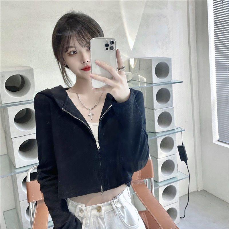 Real shot solid color short sweater women's new hooded cardigan zipper top jacket