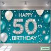 D 50th Birthday Party Backdrop, "Happy 50th Birthday" Teal & White Celebration Background