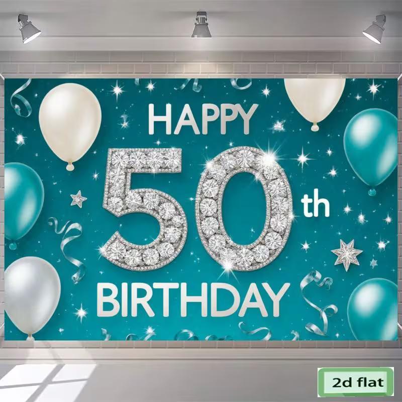 

D 50th Birthday Party Backdrop, Happy 50th Birthday Teal & White Celebration Background 47.2x31.5inch/120*80cm