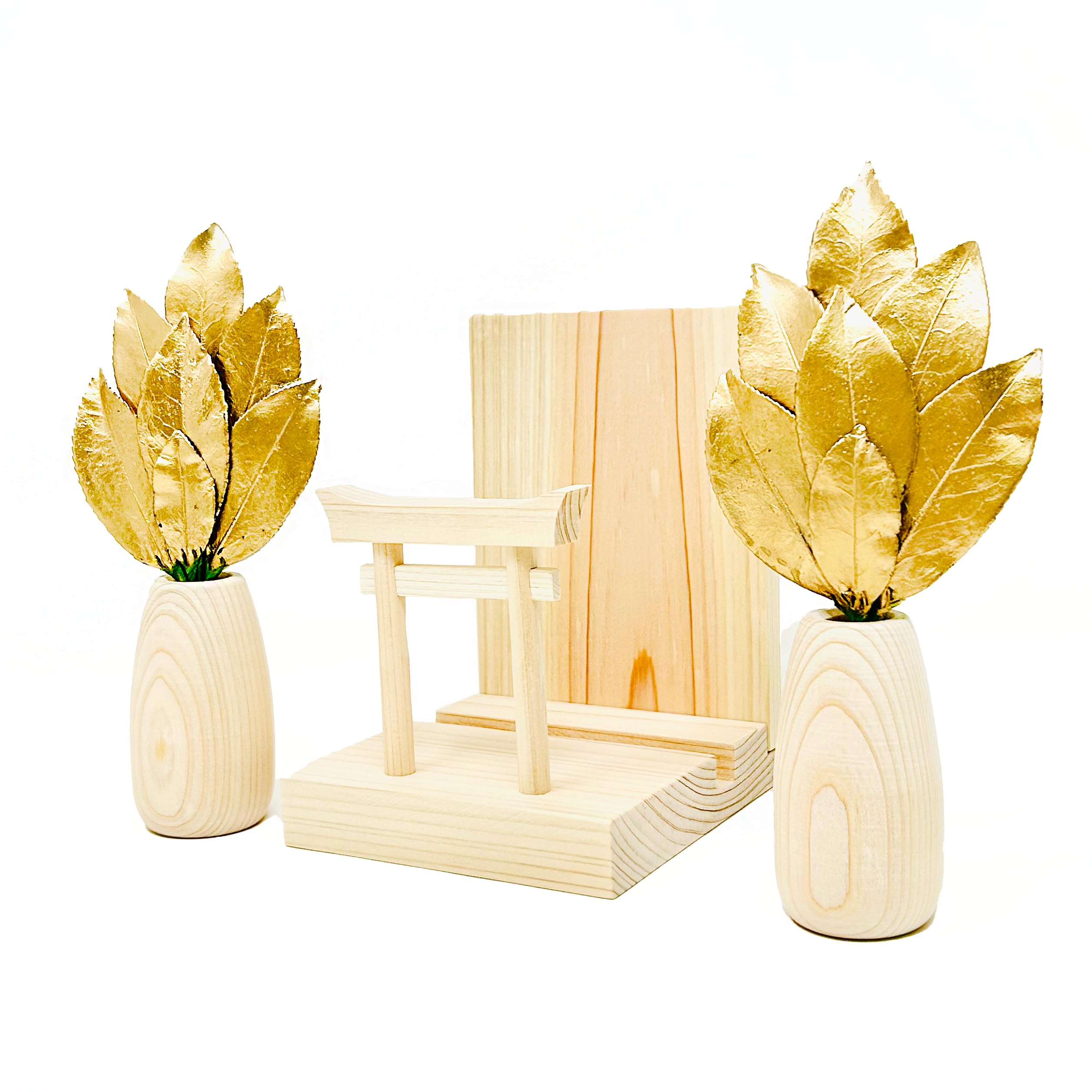 

Gold Mini SS Sakaki Round Stand with Torii Gate, Shinto Shrine Set, Crafted by Artisans, Includes Torii Gate, Ofuda Stand, and Shinto Shrine. This