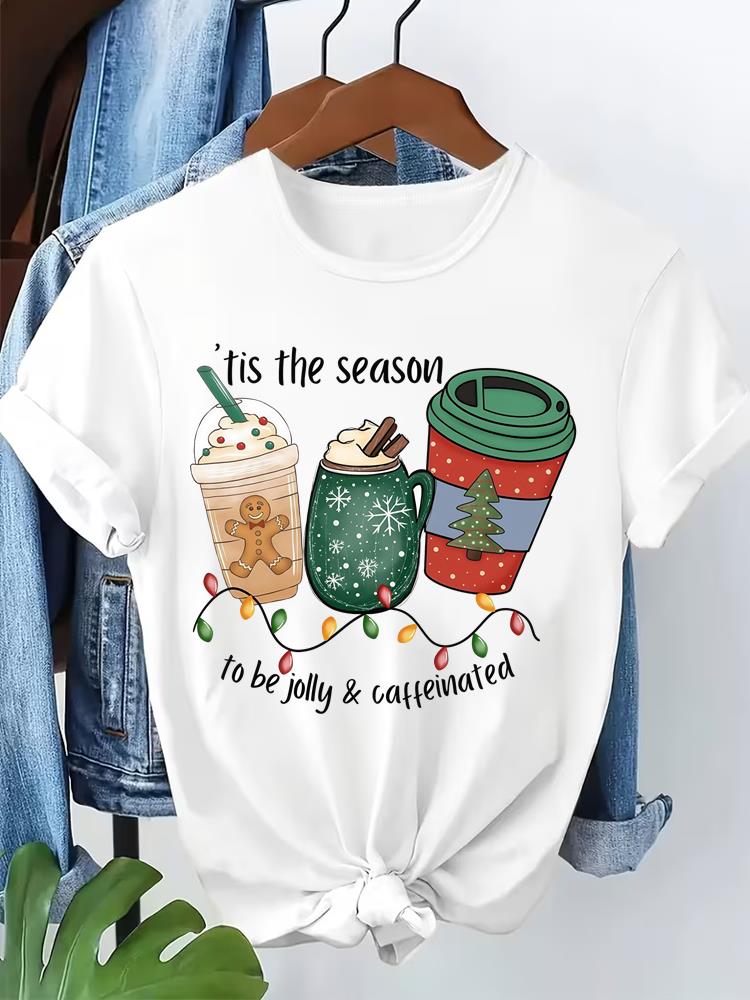 (Asian Size) watercolor cute Short Sleeve T-shirts Merry Christmas Women's Top O-neck T Shirt Print  Fashion Casual New Year Clothing Graphic Tee