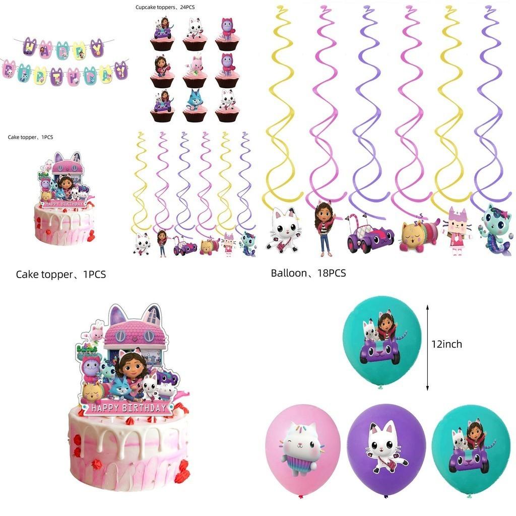 Gabbys Dollhouse Kids Birthday Party Supplies Decor Set With Durable Balloons And Colorful Flags