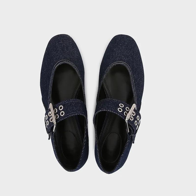 Fashion Denim Blue Flat Ballet Flats Women Fashion Metal Buckle Strap Design Flats Shoes Light Breathable Mary Jane Shoe Designer Shoes
