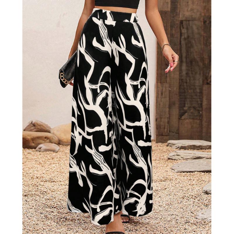 Pantaloni Casual da Donna alla Moda Stampati a Vita Alta Larghi per Primavera ed Estate