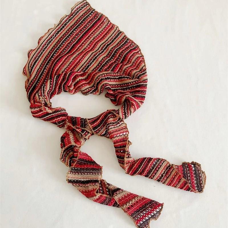 Gestrickter Lochmuster-Kopftuch für Damen, Langer Stil, Modisches gestreiftes mehrfarbiges gefaltetes vielseitiges dreieckiges Kopftuch-Accessoire
