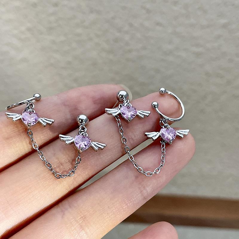 Goth Y2K Pink Crystal Heart Stud Earrings Ear Clip Piercing Wings Cartilage Chain Ear Studs for Women Harajuku Aesthetic Jewelry