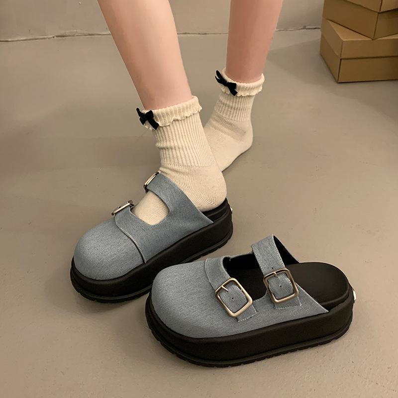 Small denim Mary Jane bag head half slippers women's outer wear 2025 summer new muffin platform shoes