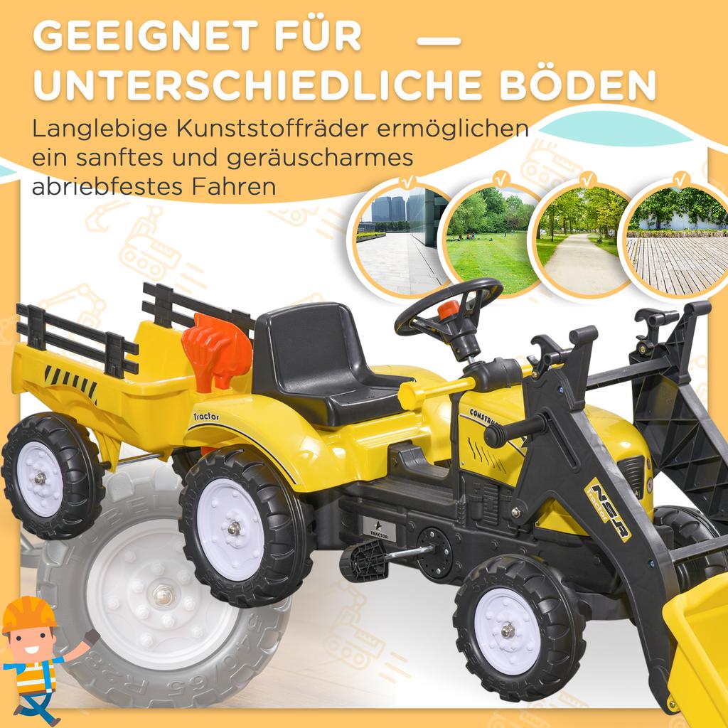 Children's Pedal Tractor with Front Loader and Trailer, Yellow/Black, Ages 3+