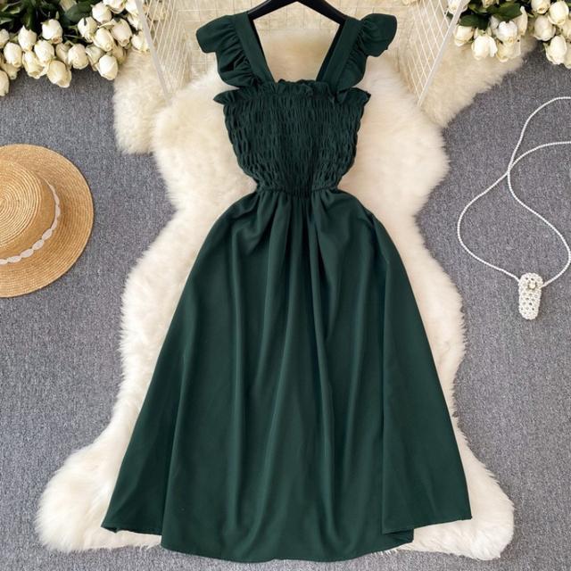 

Летнее женское платье, плиссированное праздничное короткое платье без рукавов, однотонное корейское уличное платье, одежда для отдыха One Size темно-зеленого