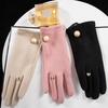 1 Pair Winter Women Gloves 2 Fingers Touchscreen Elegant Faux Pearl Button Windproof Thickened Warm Ladies Motorcycle Riding Cycling Gloves