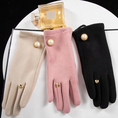 1 Pair Winter Women Gloves 2 Fingers Touchscreen Elegant Faux Pearl Button Windproof Thickened Warm Ladies Motorcycle Riding Cycling Gloves