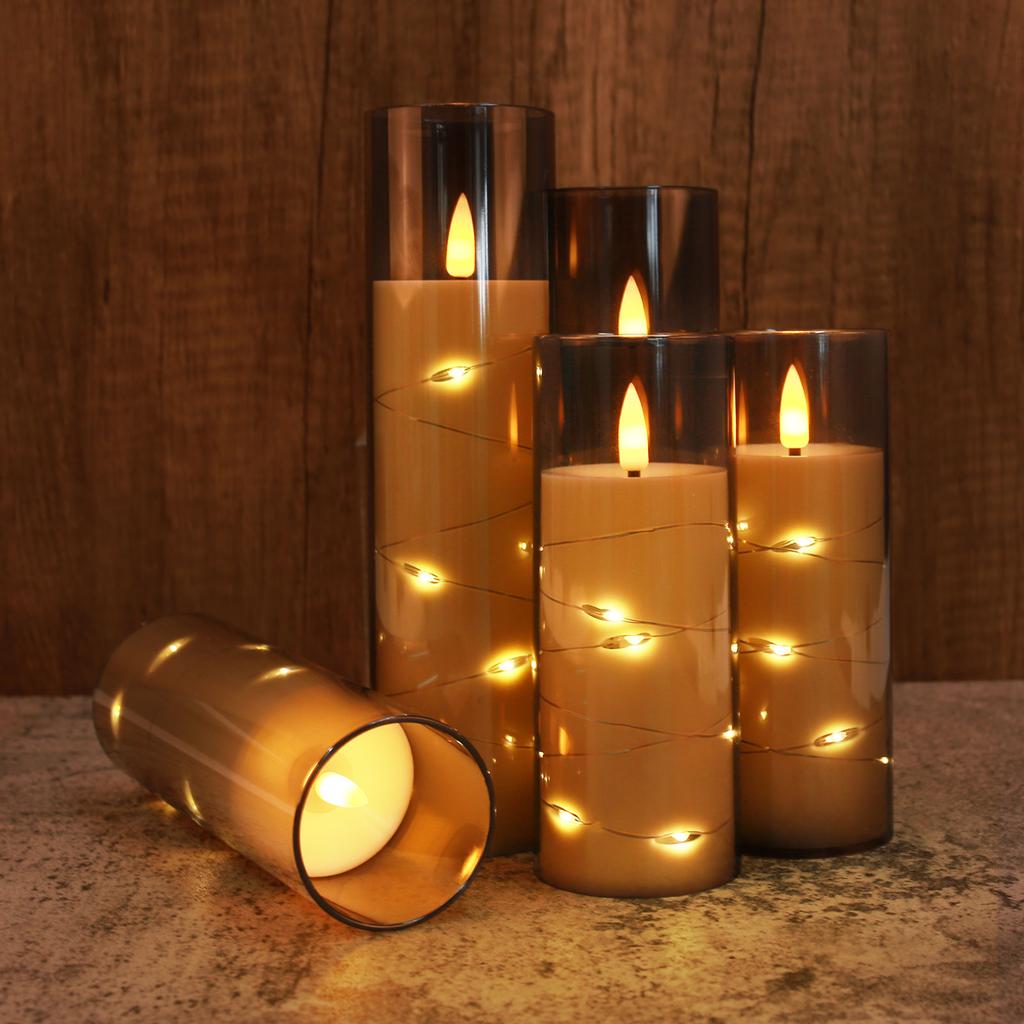 Flameless LED Candles with Embedded Star String Battery Operated Remote Flickering Pillar Candle Light &Timer Home Decoration