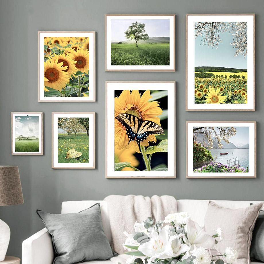 Sunflower Butterfly Mountain Lake Flowers Wall Art Canvas Painting Nordic Posters And Prints Wall Pictures For Living Room Decor