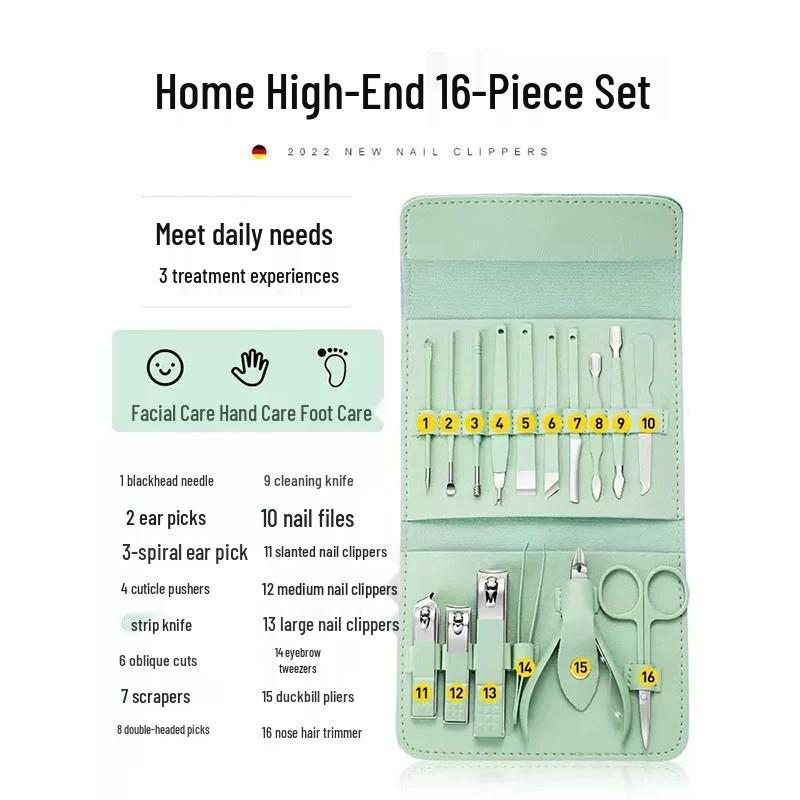 16-Piece Matcha Green Manicure Set: Nail Clippers, Scissors, Ear Pick, Pedicure Tools
