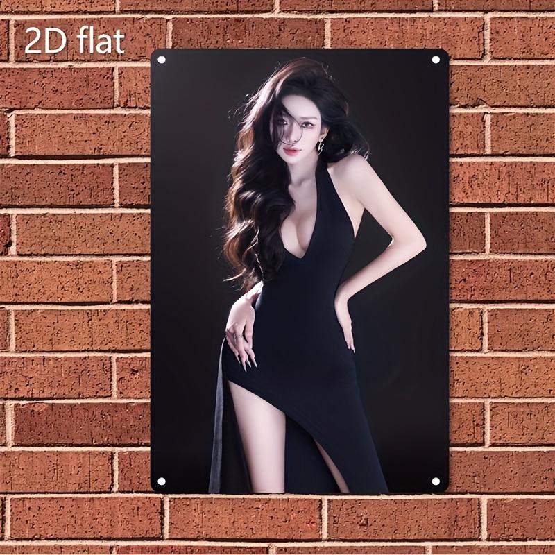Vintage Metal Wall Art Sign Iron Poster Elegant Female Face Black Dress Heavy Duty Iron Plate Wall Decor