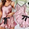 Pigiama da donna in raso liscio, maglietta scollo a V, bordi arricciati e shorts con fiocco, set pigiama semplice e traspirante, canottiera, abbigliamento da casa