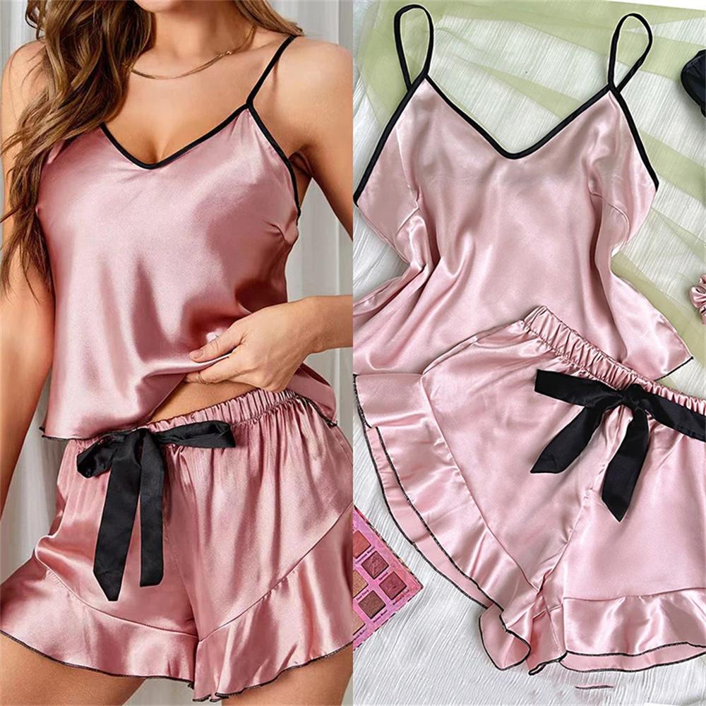 Pigiama da donna in raso liscio, maglietta scollo a V, bordi arricciati e shorts con fiocco, set pigiama semplice e traspirante, canottiera, abbigliamento da casa