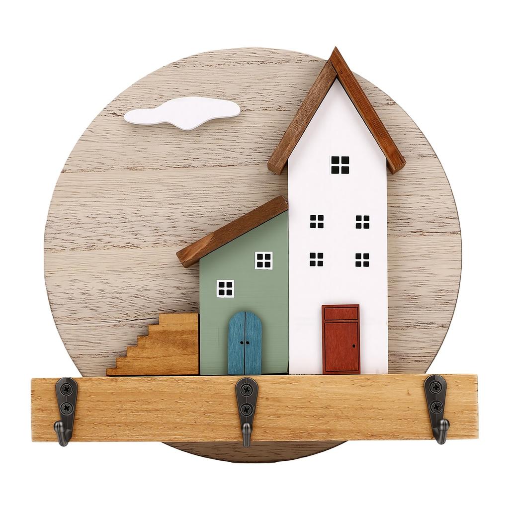Wall Mounted Key Holder 3 Metal Hooks Round Wooden Key Holder for Entrances Corridors Bedrooms Living Rooms