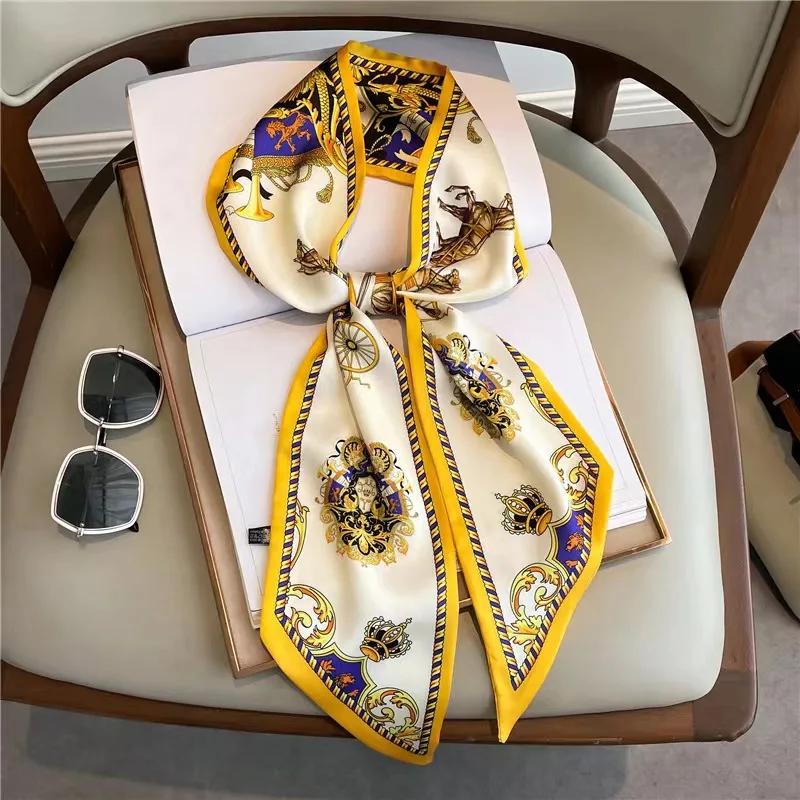 Luxury Belt Print Long Silk Scarf For Women Soft Neck Scarf Shawl Elegant Neckerchief Bandanas Paisley Print Hijab Bag Ribbon