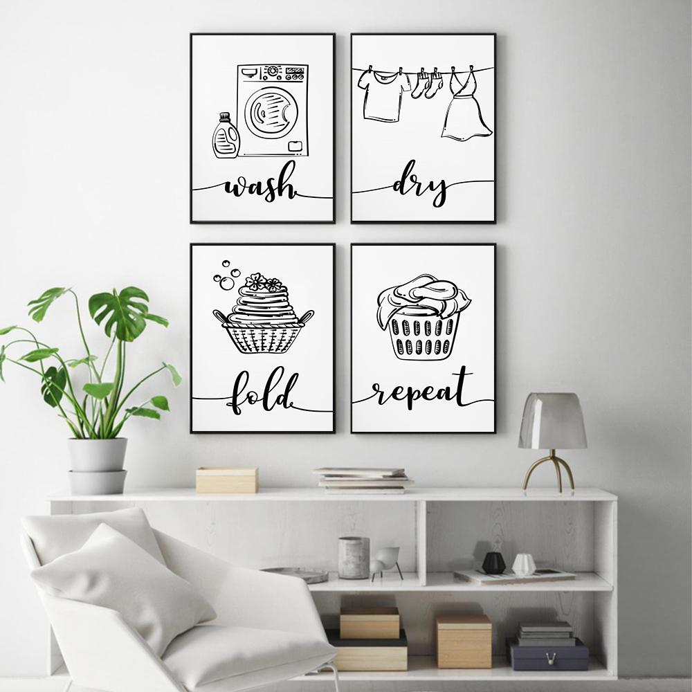 Wash Dry Fold Repeat Canvas Painting Poster Black and White Quote Wall Art Picture For Laundry Room Utility Room Home Decoration