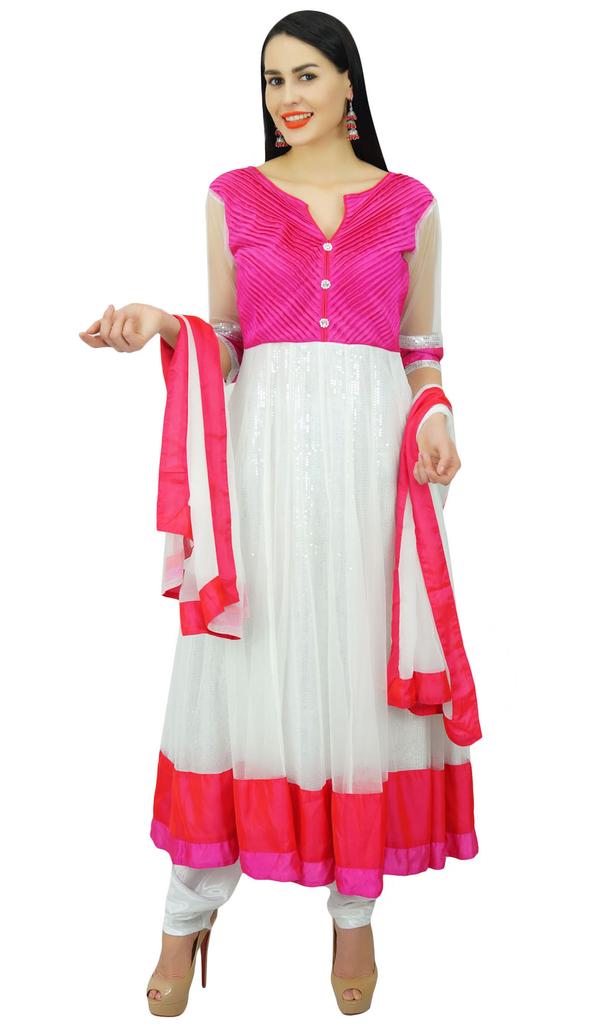 Atasi Womens White Anarkali Salwaar Suit with Dupatta Chic Indian Ethnic