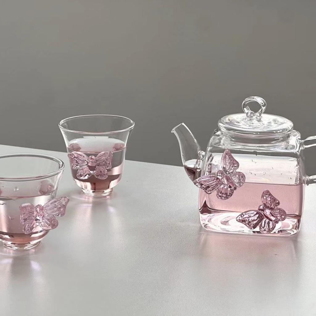 Pink Butterfly Glass Teapot Tea Cups Set Heat-Resistant High Borosilicate Tea Pot Teacup Teaware Set