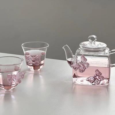Tetera de Vidrio con Mariposas Rosas Juego de Tazas de Té Resistente al Calor Vidrio de Borosilicato Alto Tetera Taza de Té Juego de Vajilla de Té