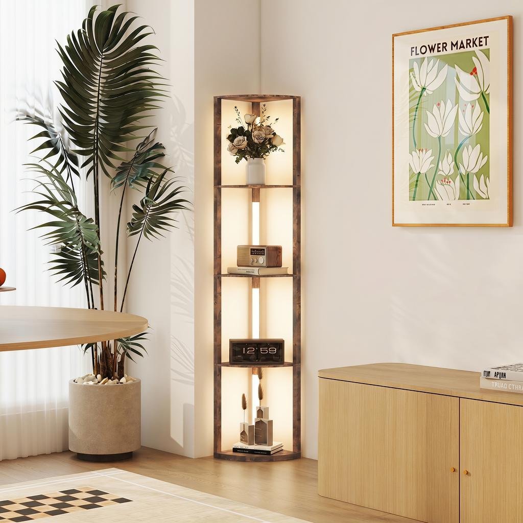 Lampada da Terra a LED con Mensole, 5 Livelli Dimmerabile, Lampada da Terra Moderna con 3 Livelli di Luminosità e Interruttore a Pedale, Marrone Rustico