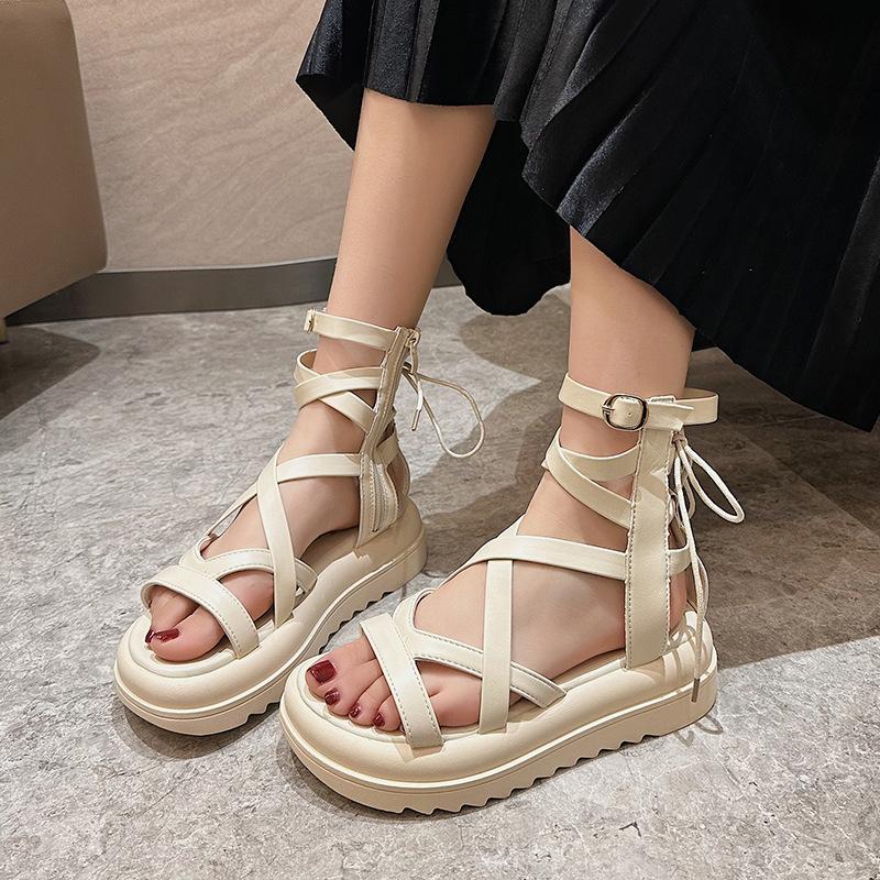 Fairy Wind Sandals Female Summer 2025 New French Niche Thick-soled Heightened Cross-strap High-top Roman Shoes