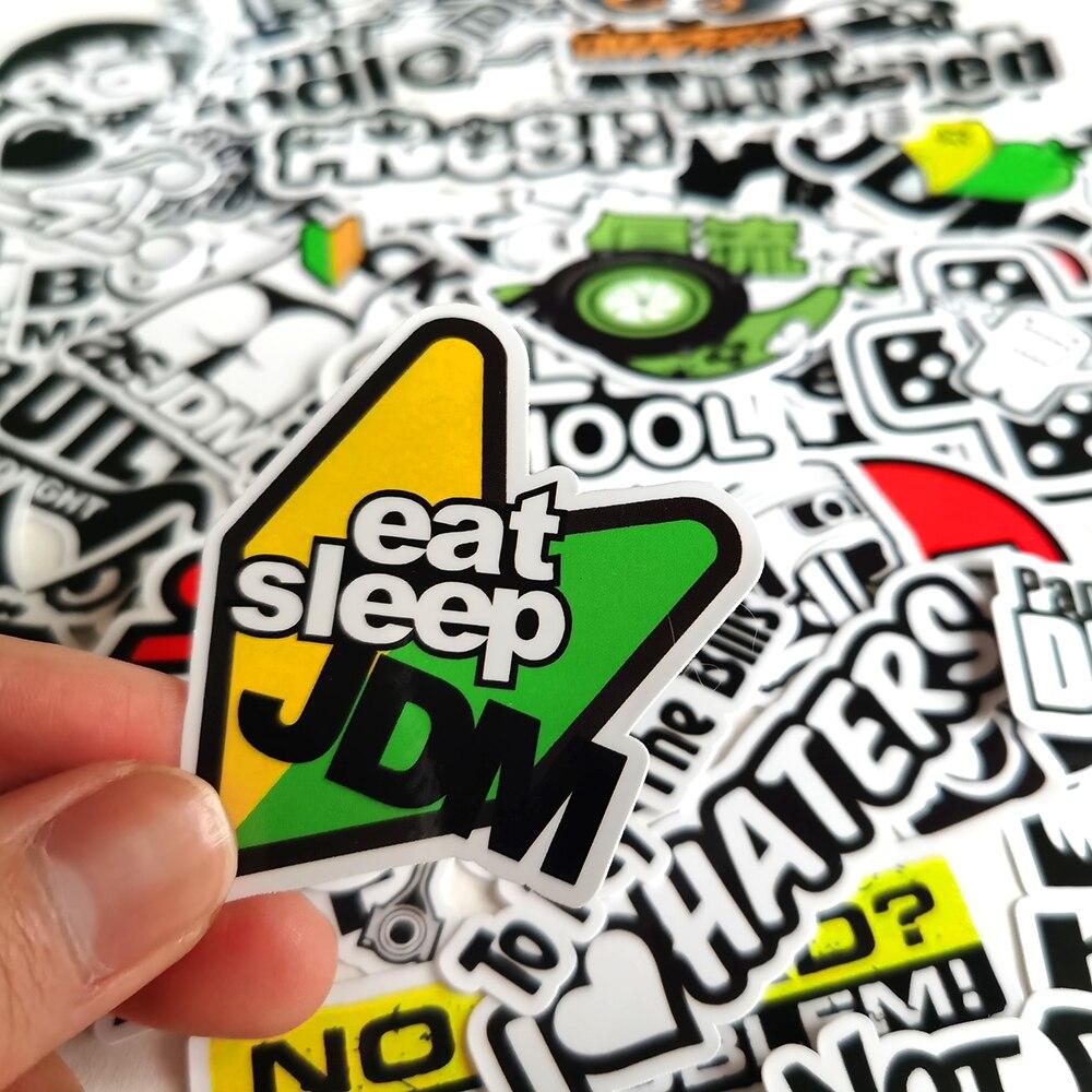 10/50 pegatinas geniales en blanco y negro con estilo JDM, pegatinas de grafiti para motocicletas de carreras, para bricolaje, equipaje, portátil, monopatín, bicicleta.