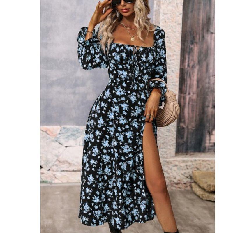 

Богема Осень Новое Платье Женское с Квадратным Вырезом, на Шнуровке, Приталенное, Цветочное, с Разрезом, с Длинным Рукавом, Миди, Длинное Blue XL