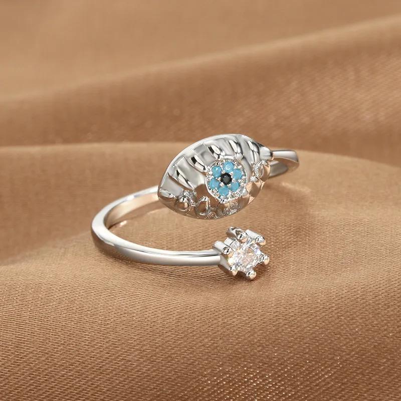 Hamsa Fatima's Hand Open Rings Turkish Blue Cubic Zircon Evil Eye Ring Protection Amulet Islamic Jewish Jewelry