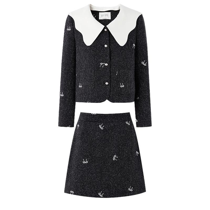 

Women s Lace Collar Two-Piece Bowknot Embroidered Set S