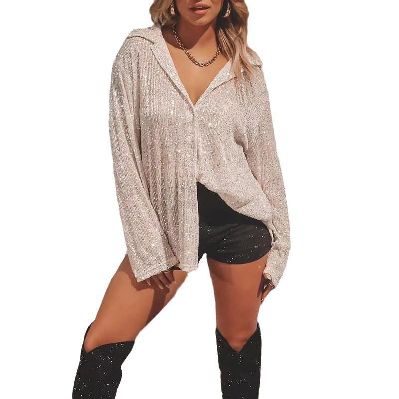 2025 Autumn European and American Women's Sequin Long-Sleeve Lapel Casual Shirt
